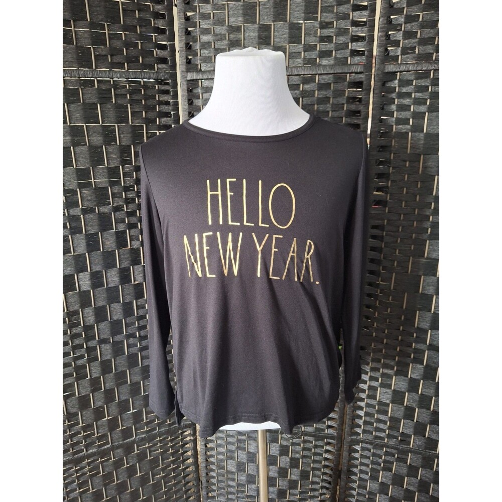 Rae Dunn Hello New Year Shirt Womens Large Black Gold Cozy Casual Festive